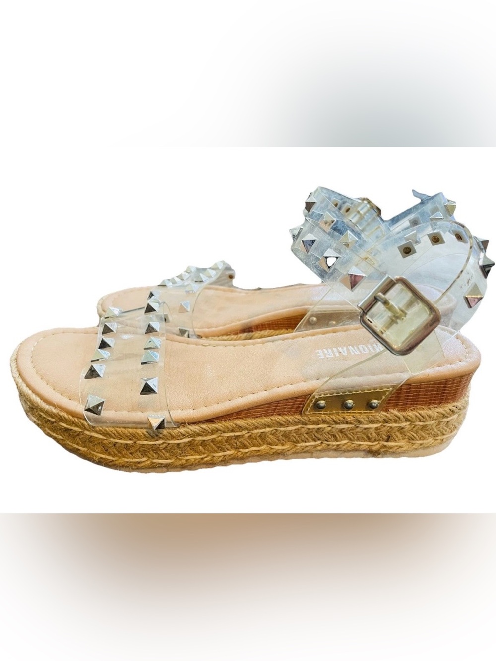CUSHIONAIRE Women sandals Clear Studded Espadrille Wedge Size 8
